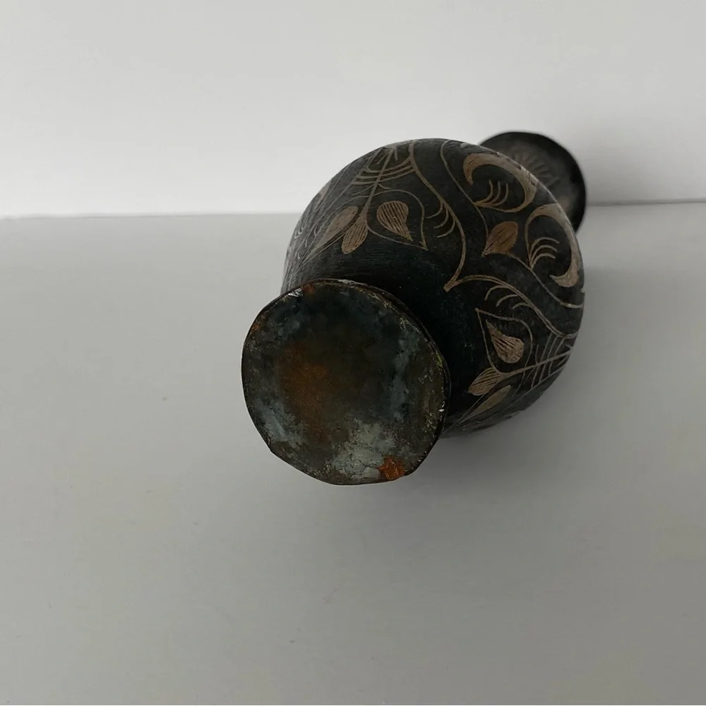 Vintage Brass Vase Etched India 7” Tall Metal Old Brown Bud Flower Engraved